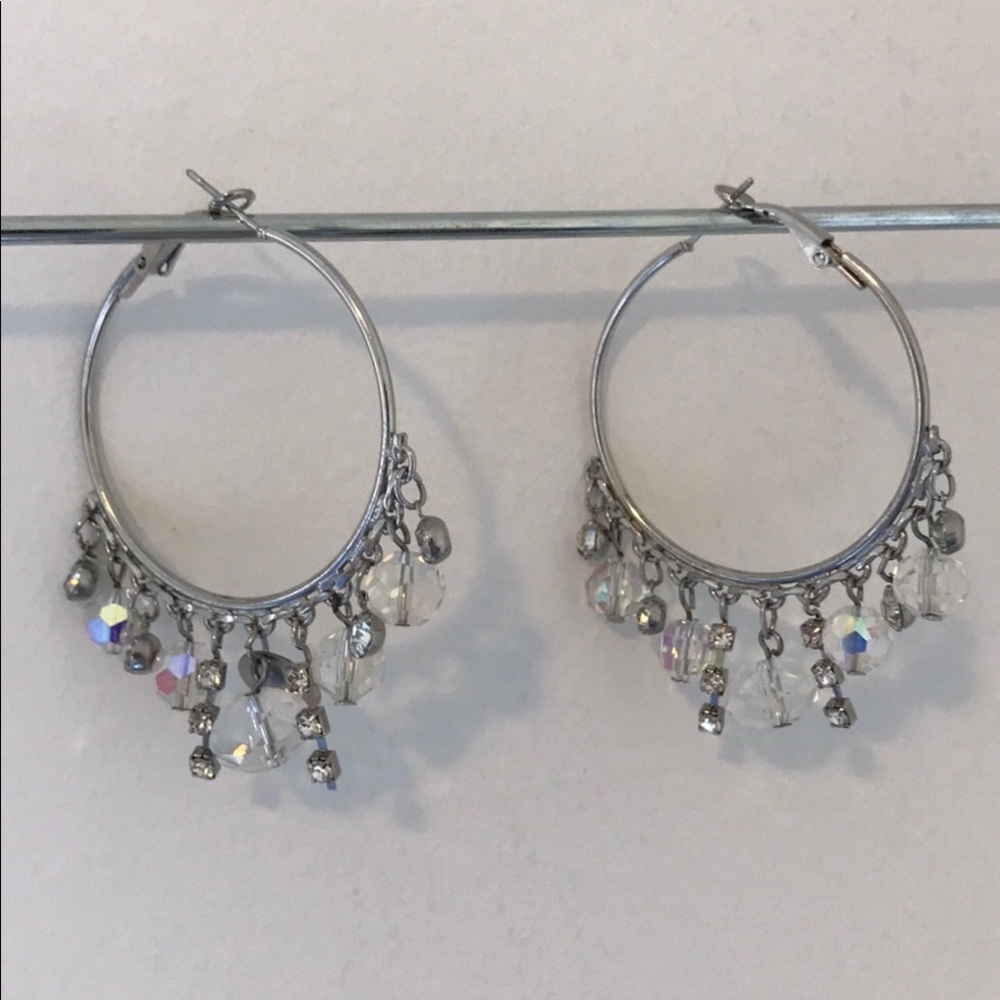 Earrings Silver Toned Crystal Chandelier Hoops